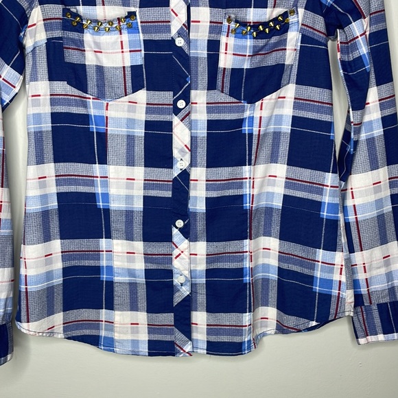 Cotton Express Size S Blue White Plaid Gold Spike Western Rodeo Edgy Button Up - Picture 5 of 9